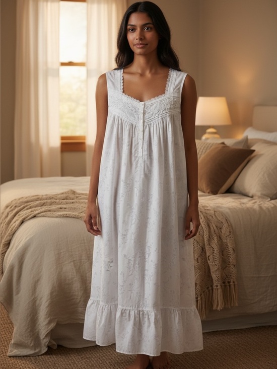 Eileen West Other - Eileen West Nightgown Medium White Cotton Floral Sleeveless Lace Trim Sleepwear